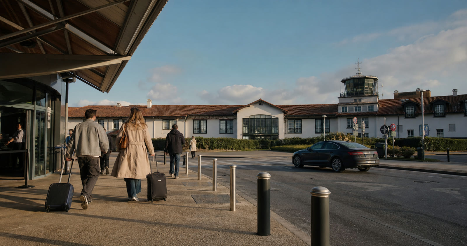 Voyageurs quittant le terminal de l’aéroport de Biarritz avec leurs valises