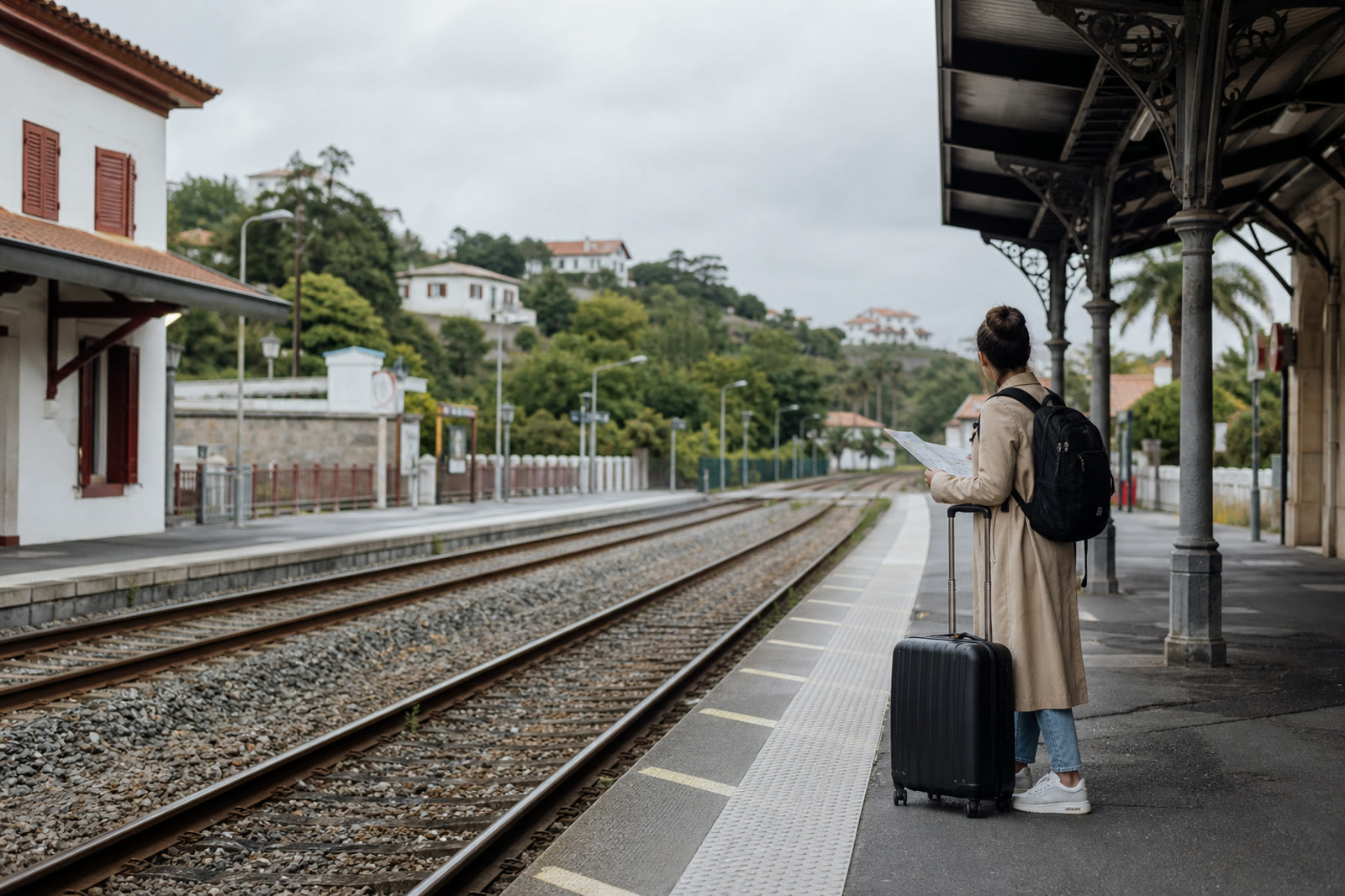 Voyageuse attendant sur le quai d’une gare du Pays basque