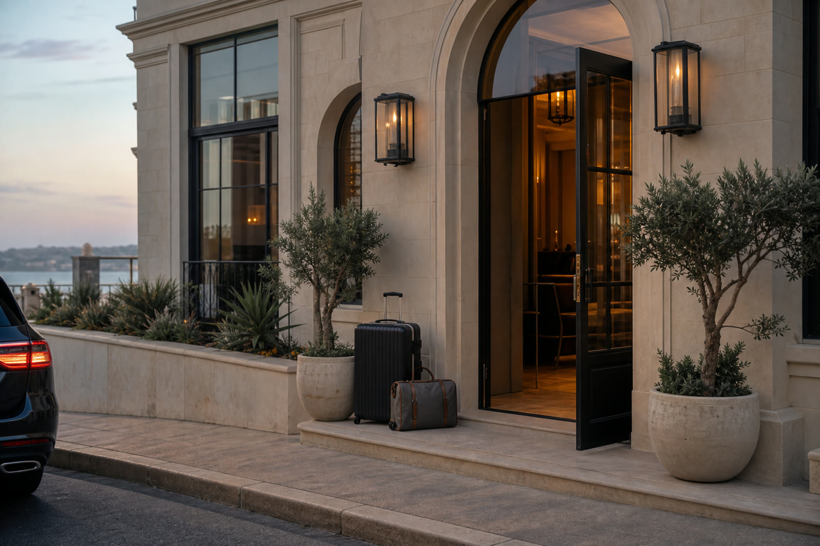Bagages déposés devant l’entrée d’un hôtel côtier à Biarritz