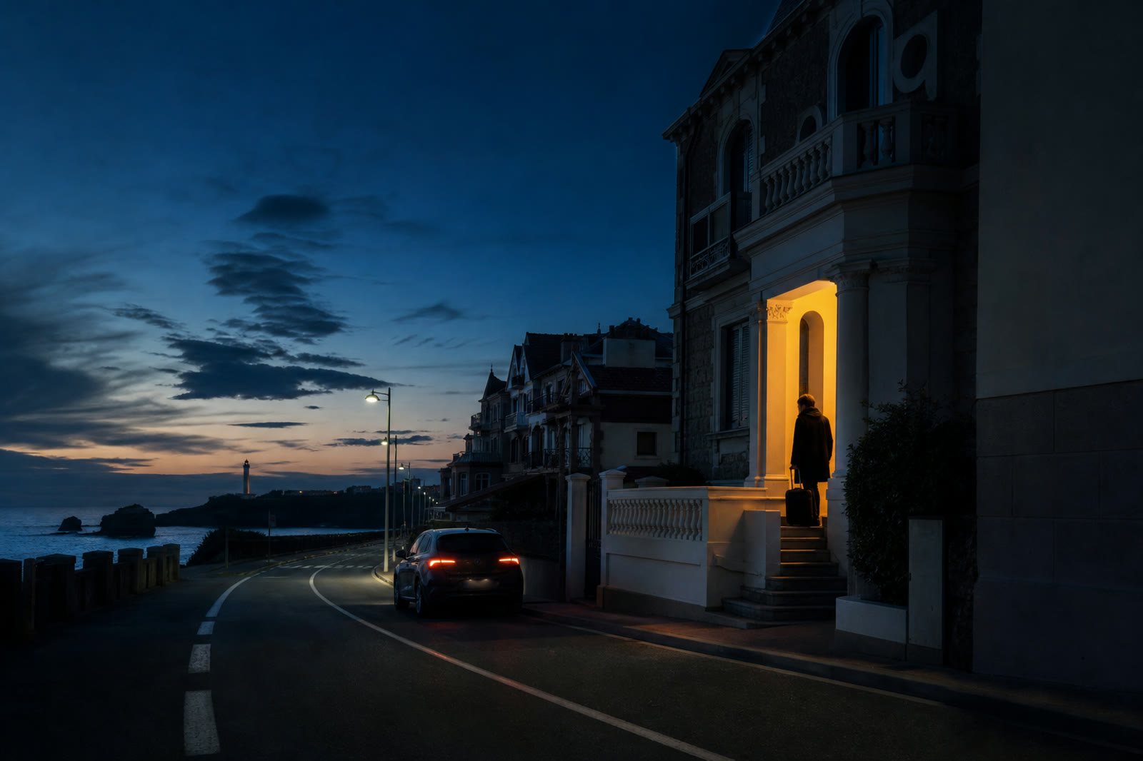 Départ en voiture avant l’aube sur le littoral de Biarritz